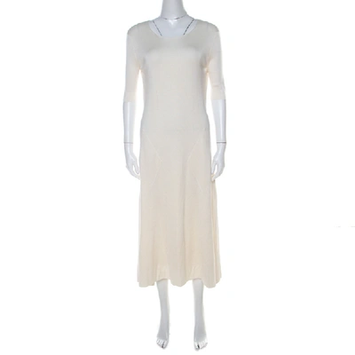 Pre-owned Balenciaga Cream Geometric Jacquard Patterned Silk Flared Midi Dress M
