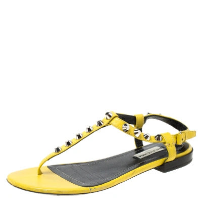 Pre-owned Balenciaga Yellow Leather Studded T Strap Flat Sandals Size 36.5
