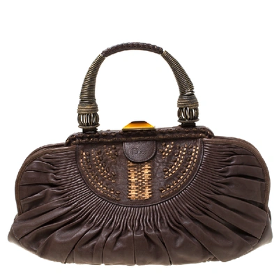 Pre-owned Dior Dark Brown Pleated Leather Medium Plisse Frame Bag