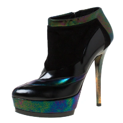 Pre-owned Gucci Black Holographic Leather And Suede Platform Ankle Boots Size 38