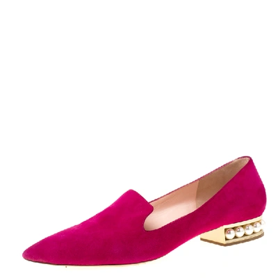 Pre-owned Nicholas Kirkwood Magenta Suede Casati Faux Pearl Heel Pointed Toe Loafers Size 40 In Pink
