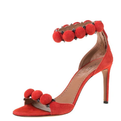 Pre-owned Alaïa Red Suede Bombe Stud Embellished Open Toe Sandals Size 38.5