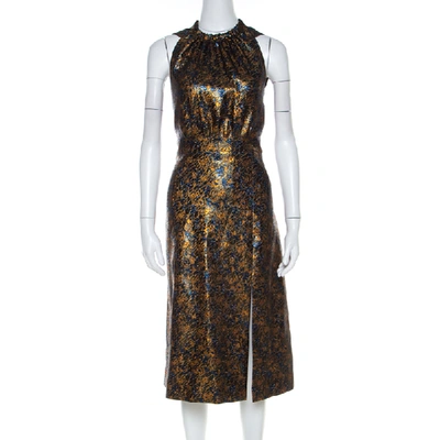 Pre-owned Prada Gold Floral Brocade Halter Midi Dress M
