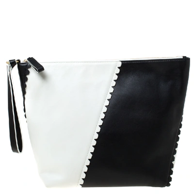 Pre-owned Diane Von Furstenberg White/black Leather Wristlet Clutch