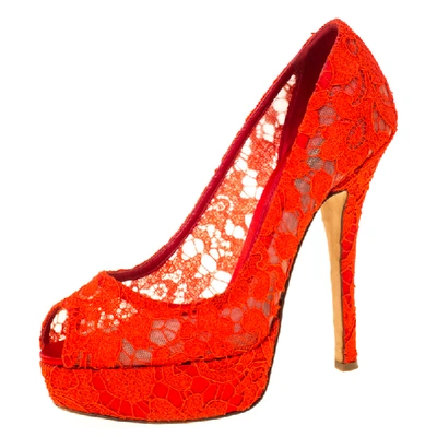 Pre-owned Dolce & Gabbana Red Lace Peep Toe Platform Pumps Size 39