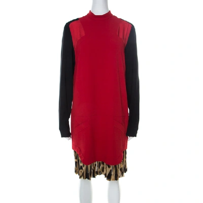 Pre-owned Just Cavalli Red And Black Crepe Pleated Leopard Hem Shift Dress M