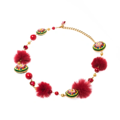 Pre-owned Dolce & Gabbana Hand Painted Fur Crystal Filigree Gold Tone Long Necklace In Red