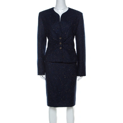 Pre-owned Valentino Dark Blue Patterned Tweed Wool Blazer And Skirt Set Xl
