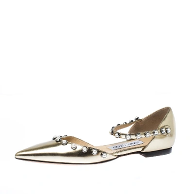 Pre-owned Jimmy Choo Gold Pearl Embellished Patent Leather Leema Pointed Toe Flats Size 35
