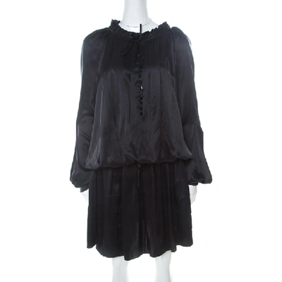 Pre-owned John Galliano Black Silk Ruffle Trim Detail Drawstring Short Dress Xl