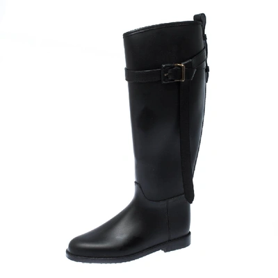 Pre-owned Burberry Black Leather Roscot Belted Rain Boots Size 36