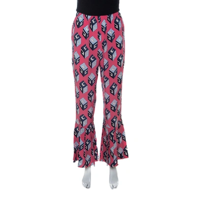 Pre-owned Gucci Pink Cube Print Silk Pleated Flare Hem Trousers S