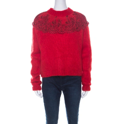 Pre-owned Christopher Kane Red Mohair Wool Blend Lace Applique Sweater L