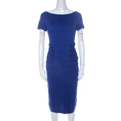 Pre-owned Escada Ink Blue Stretch Knit Pleated Dynamia Bodycon Dress M