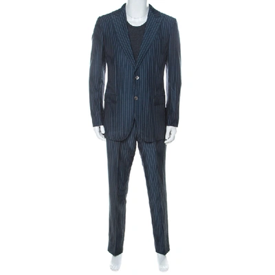 Pre-owned Ermenegildo Zegna Couture Blue Striped Linen And Silk Blend Regular Fit Suit L