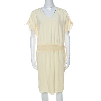 Pre-owned Chloé Vanilla Yellow Smocked Waist Lace Insert Tie Detail Dress S