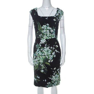 Pre-owned Dolce & Gabbana Dolce & Gabanna Black Floral Print Moss Crepe Cap Sleeve Sheath Dress S