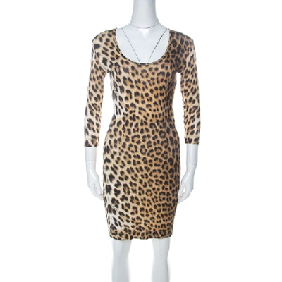 Pre-owned Just Cavalli Multicolor Leopard Print Fitted Three Quarter Sleeve Dress S