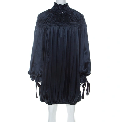 Pre-owned Dolce & Gabbana Navy Blue Satin Contrast Tie Detail Gathered Ruffled Trim Long Sleeve Dress S