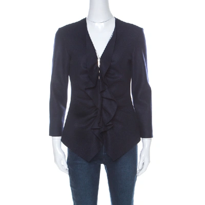 Pre-owned Carolina Herrera Ch  Navy Blue Fleece Wool Ruffle Detail Zip Front Jacket M