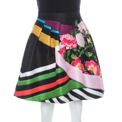 Pre-owned Mary Katrantzou Black Floral & Stripe Print Short Algernon Skirt S