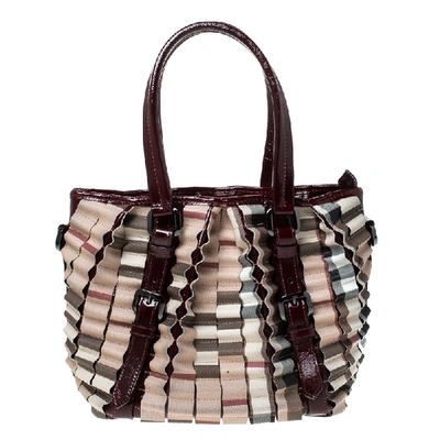 Pre-owned Burberry Beige/burgundy Nova Check Pvc And Patent Leather Lowry Tote