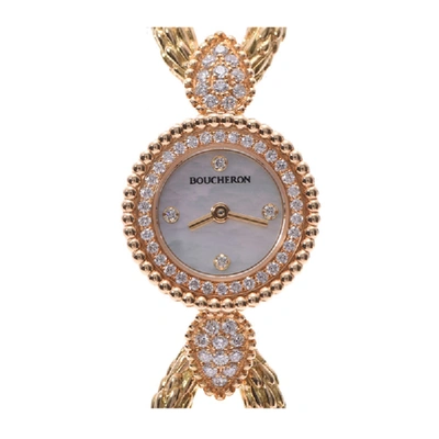 Pre-owned Boucheron Serpan Boheme Mop 18k Yellow Gold And Diamond Wa015501 Women's Wristwatch 18 Mm In White