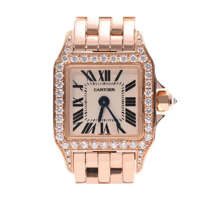 Pre-owned Cartier 18k Rose Gold Stainless Steel And Diamond Mini Santos Demoiselle Wf9011z8 Women's Wristwatch 17x16mm In White