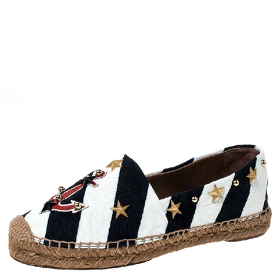 Pre-owned Dolce & Gabbana Blue/white Striped Brocade Fabric Star Studded Espadrilles Size 36