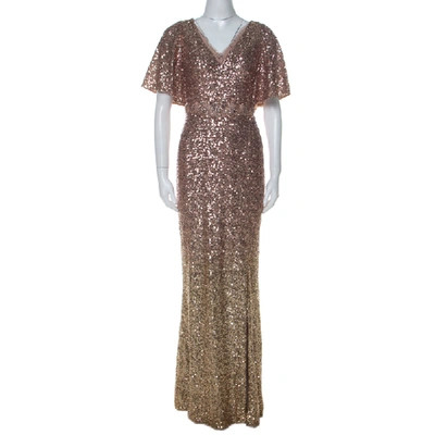 Pre-owned Marchesa Notte Blush & Gold Ombre Sequin Embellished Detail Gown S In Metallic