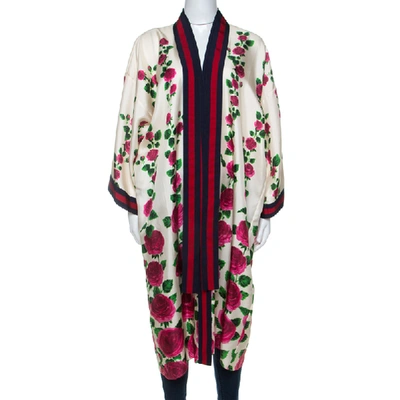 Pre-owned Gucci Cream & Pink Rose Garden Print Silk Belted Kimono M