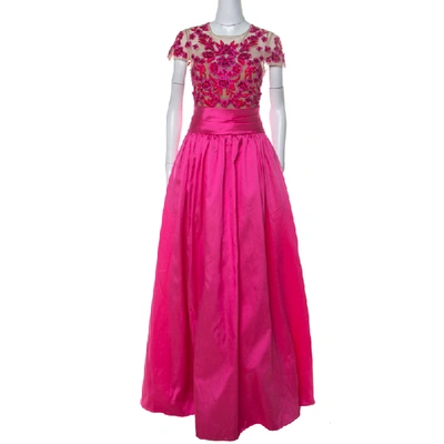 Pre-owned Marchesa Notte Pink Floral Embroidered Tulle Mikado Cap Sleeve Gown S
