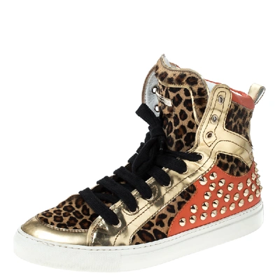 Pre-owned Dsquared2 Multicolor Leopard Print Calfhair And Patent Leather Studded High Top Trainers Size 43