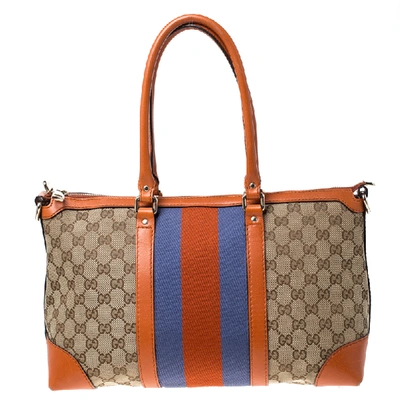 Pre-owned Gucci Beige/orange Gg Canvas And Leather Large Web Treasure Tote
