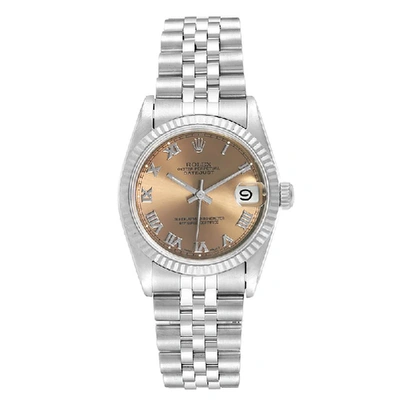 Pre-owned Rolex Salmon 18k White Gold And Stainless Steel Datejust 68274 Women's Wristwatch 31 Mm In Brown