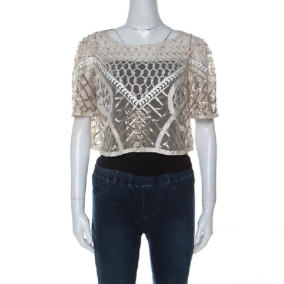 Pre-owned Temperley London Cream Embellished Sand Tulle Crop Top L In Beige