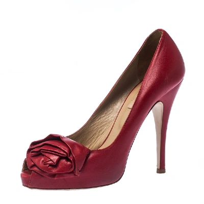Pre-owned Valentino Garavani Red Leather Rose Accented Peep Toe Pumps Size 36