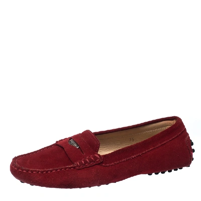 Pre-owned Tod's Red Suede Leather Penny Slip On Loafers Size 35