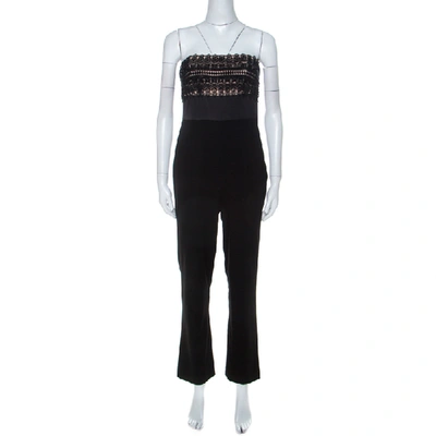 Pre-owned Monique Lhuillier Black Beaded Lace Bodice Strapless Jumpsuit S