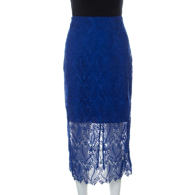 Pre-owned Diane Von Furstenberg Klein Blue Leaf And Floral Macram&eacute;-lace Pencil Skirt M