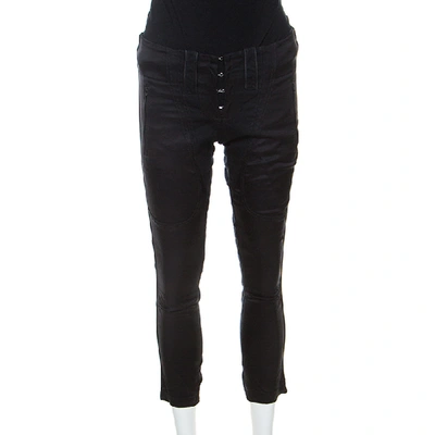 Pre-owned Barbara Bui Black Denim And Silk Paneled Asymmetric Hem Trousers S