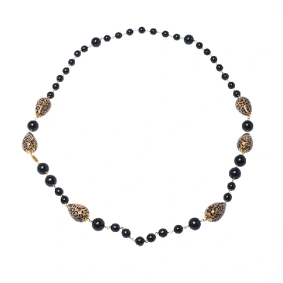 Pre-owned Dolce & Gabbana Printed Beaded Gold Tone Long Necklace In Black