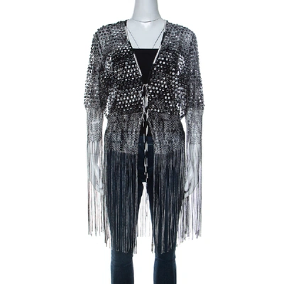 Pre-owned Missoni Monochrome Crochet Knit Lace Trim Fringed Cardigan L In Black