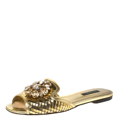 Pre-owned Dolce & Gabbana Metallic Gold Leather Crystal Embellished Bianca Flat Slides Size 36