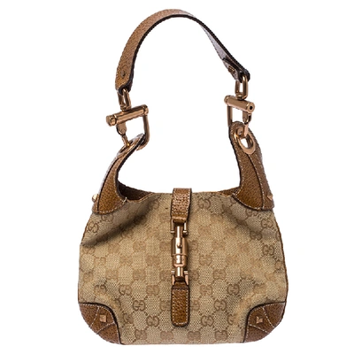 Pre-owned Gucci Beige/brown Gg Canvas And Leather Small Jackie Nailhead Hobo