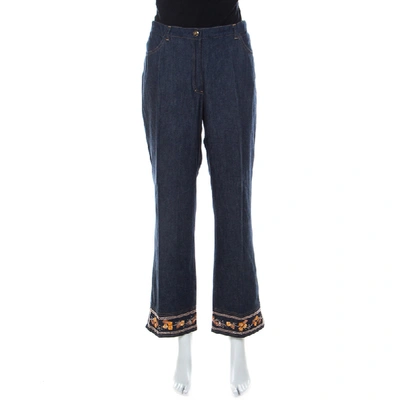 Pre-owned Escada Indigo Denim Floral Embroidered Straight Leg Jeans Xl In Navy Blue