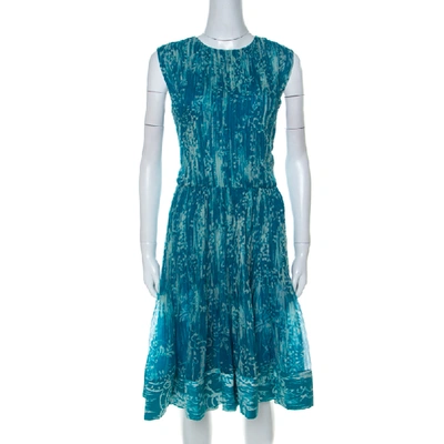Pre-owned Oscar De La Renta Blue Printed Toile Silk Pleated Sleeveless Dress L