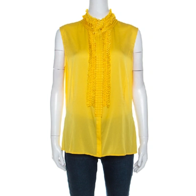 Pre-owned St John Couture Canary Yellow Silk Ruffle Detail Button Front Blouse L