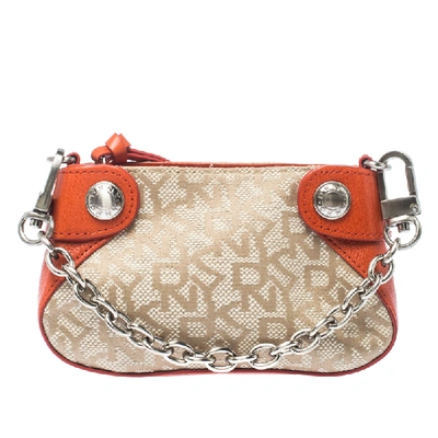 Pre-owned Dkny Orange/beige Canvas And Leather Chain Purse