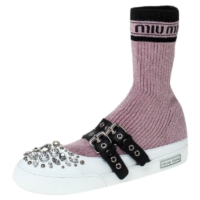 Pre-owned Miu Miu Pink Fabric And White Leather Embellished Buckle Detail Sock Sneakers Size 40